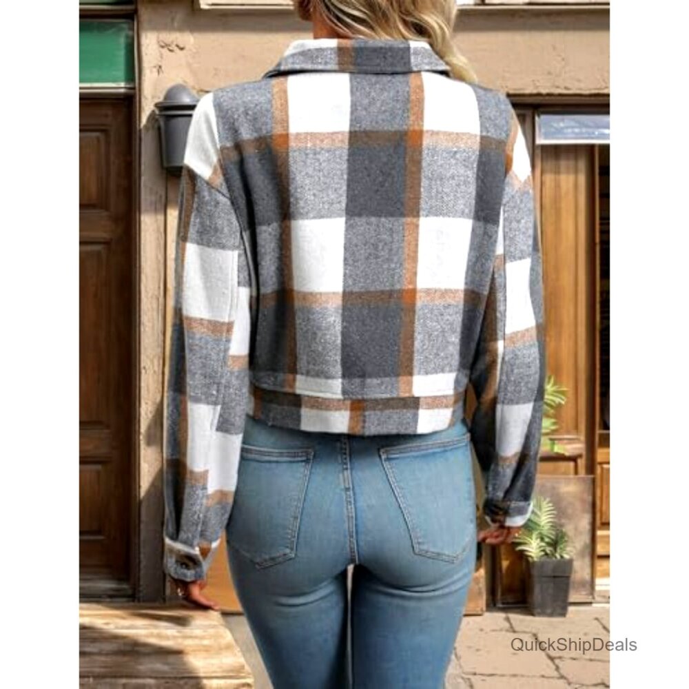 Cropped Flannel Shacket Jacket Button Down Long S… - image 6